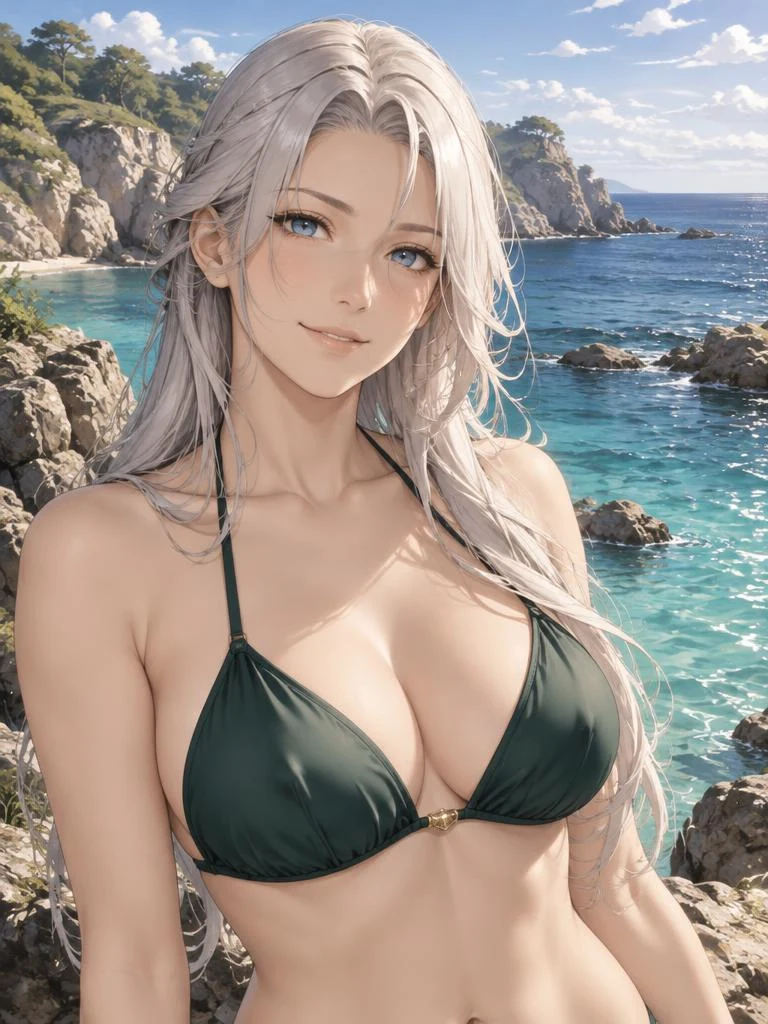 Mira — adult anime companion in a emerald swimsuit by the sea
